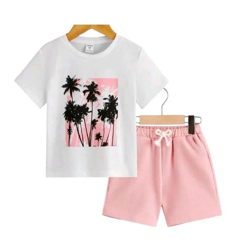New Shein Youth Boys Tropical Print Graphic Tee & Drawstring Shorts Outfit Sz 7